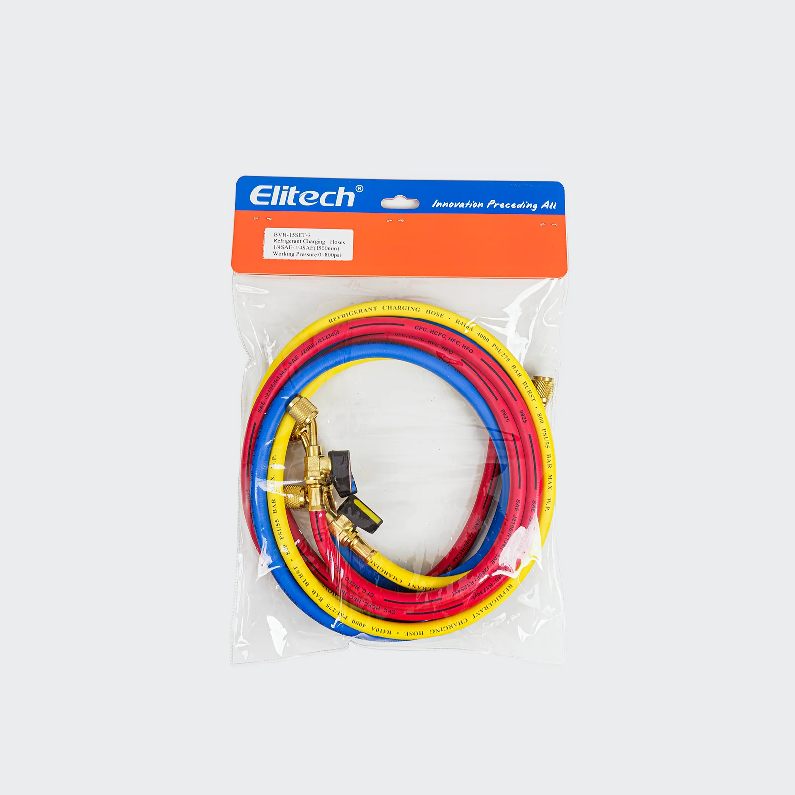 Elitech 1/4" Ball Valve Refrigerant Charging Hoses, 60", 800 PSI, for R134A R410A R22 R12 Refrigerant Systems
