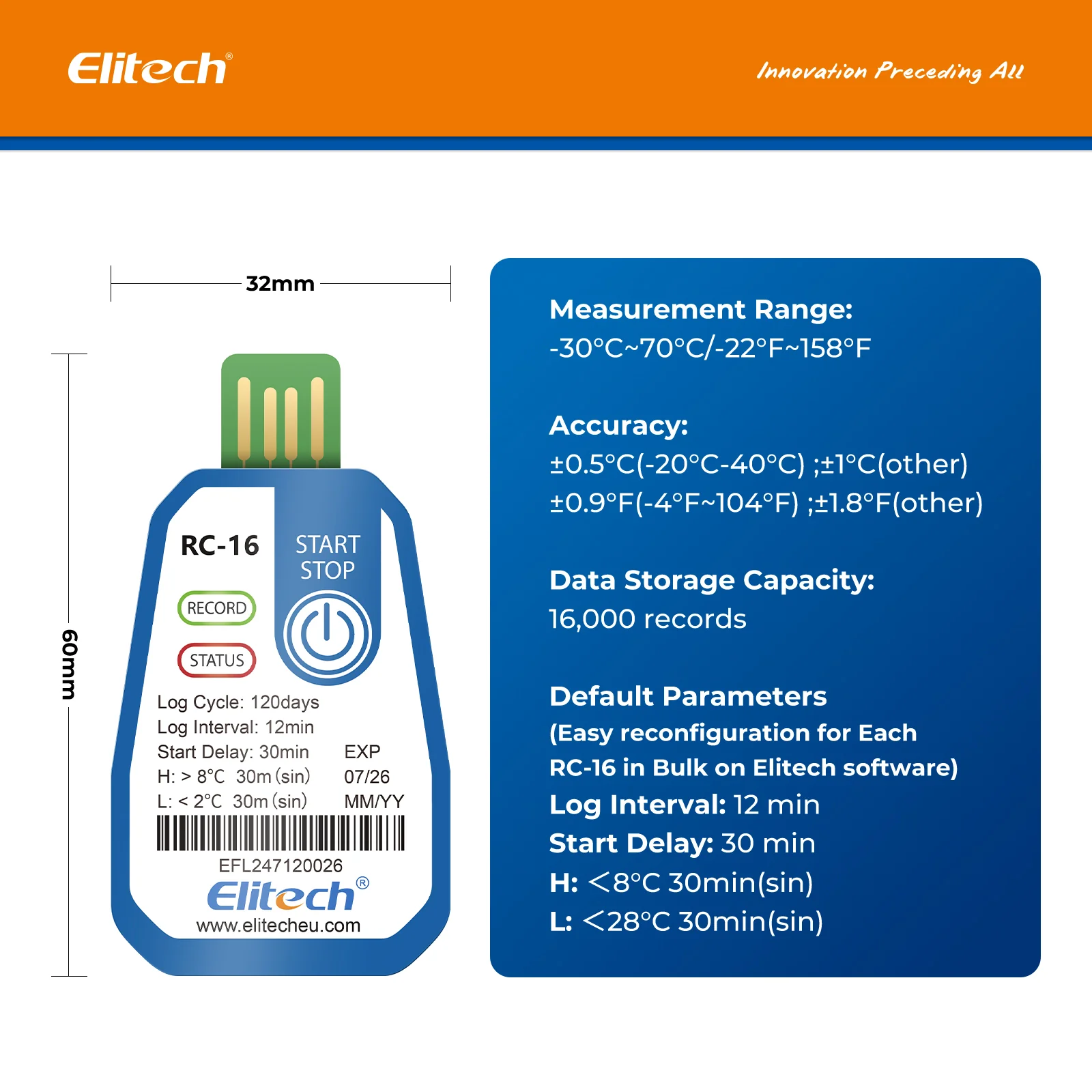 Elitech 10 Packs Temperature Data Logger USB Disposable Temperature Recorder with 16000 Points,Auto PDF CSV Reports High Accuracy 120days Single Use for Frozen Transportation Cold Chain Fresh RC-16 - Image 5