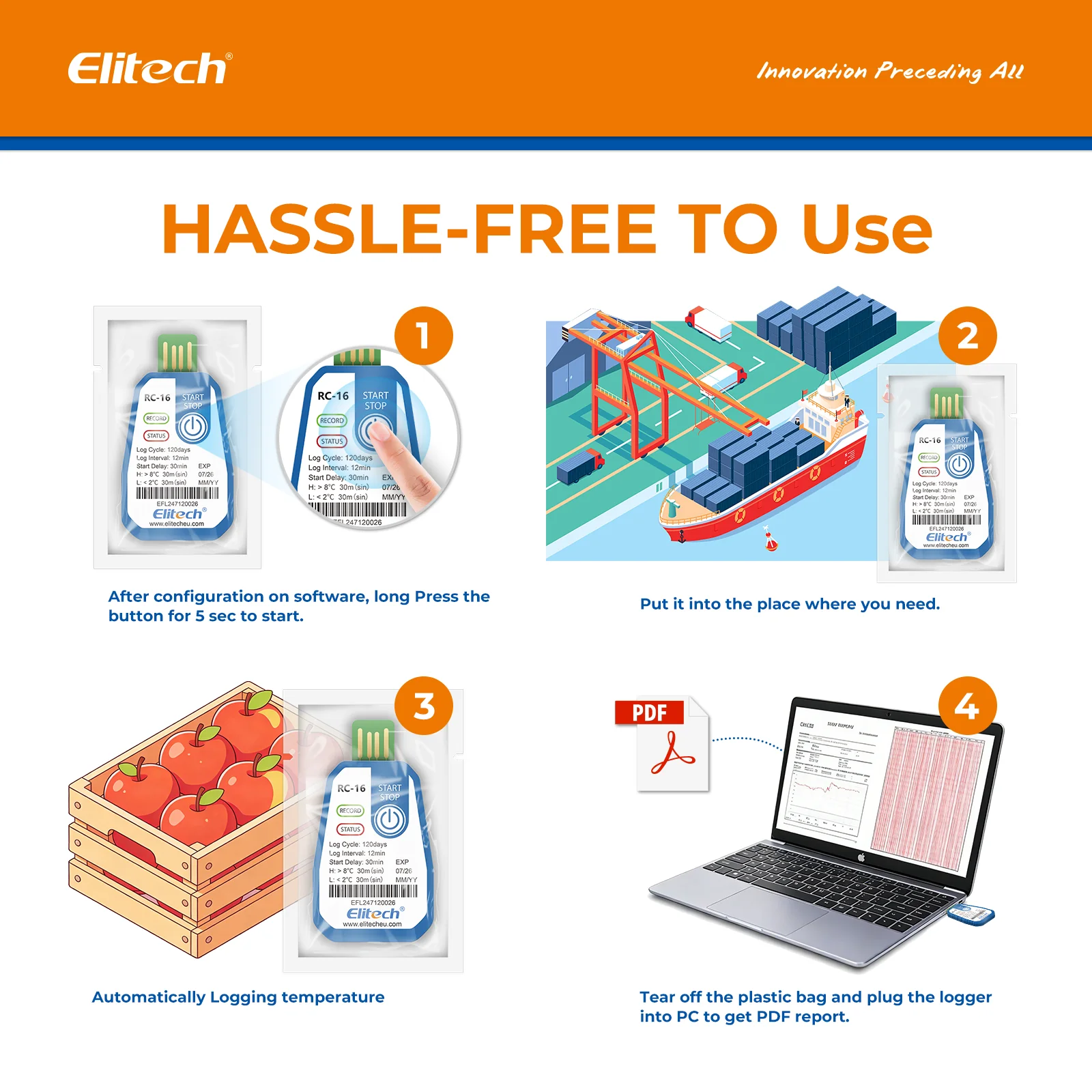 Elitech 10 Packs Temperature Data Logger USB Disposable Temperature Recorder with 16000 Points,Auto PDF CSV Reports High Accuracy 120days Single Use for Frozen Transportation Cold Chain Fresh RC-16 - Image 7