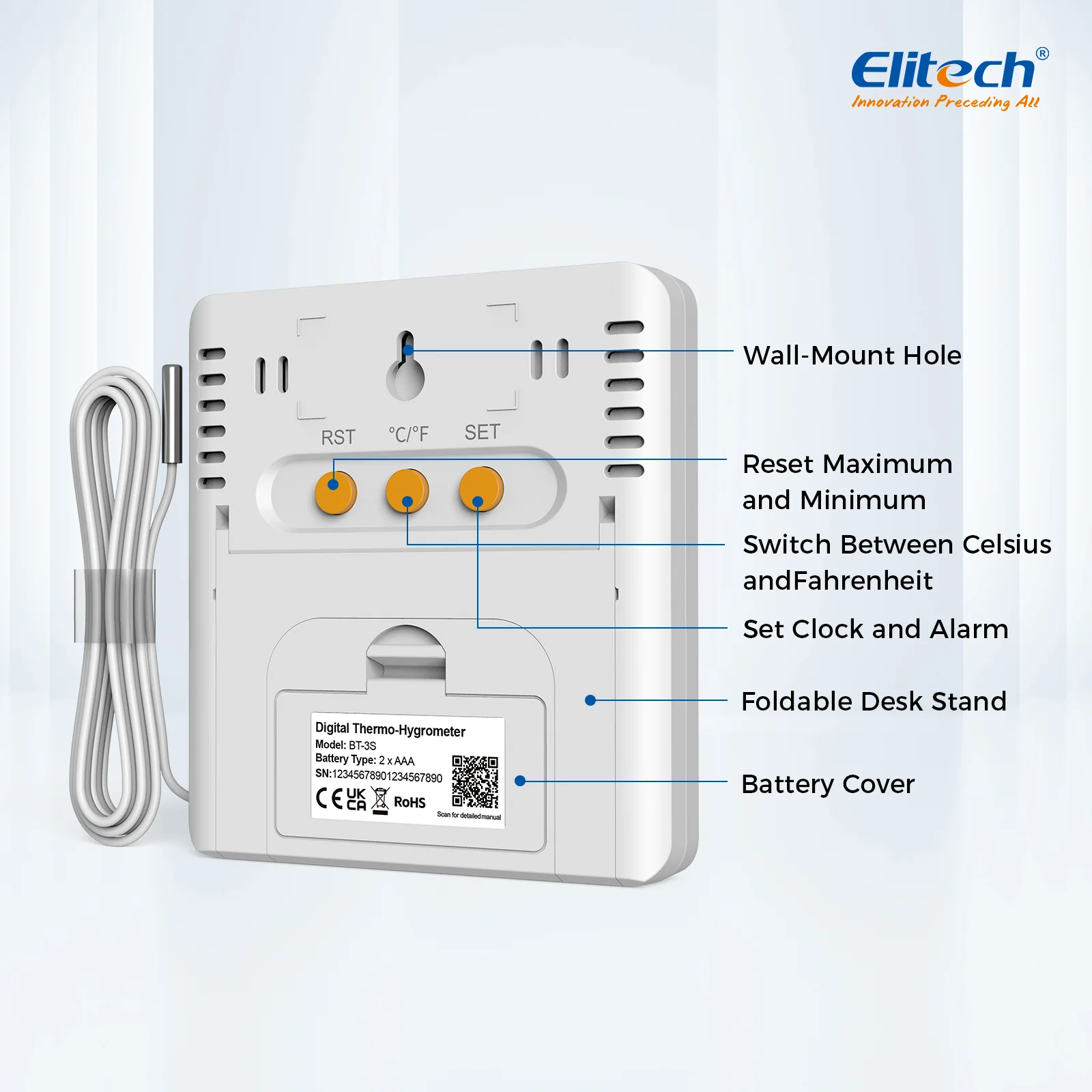 Elitech BT-3S Dual Channel Temperature Data Logger ±0.9℉ Accuracy, 4" Large LCD Display, Refrigerator Thermometer with External Probe for Liquid, Max/Min Recording, Wall Mount & Stand for Food Fridge Kitchen Lab - Image 6
