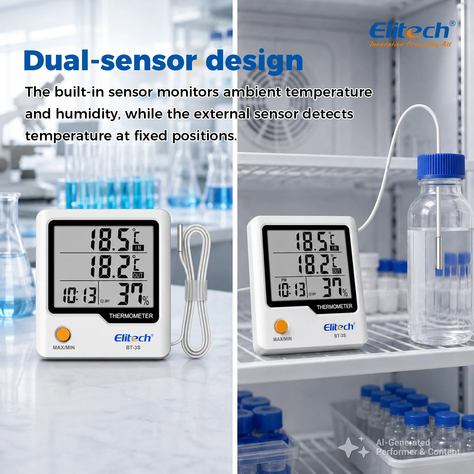 Elitech BT-3S Dual Channel Temperature Data Logger ±0.9℉ Accuracy, 4" Large LCD Display, Refrigerator Thermometer with External Probe for Liquid, Max/Min Recording, Wall Mount & Stand for Food Fridge Kitchen Lab - Image 8