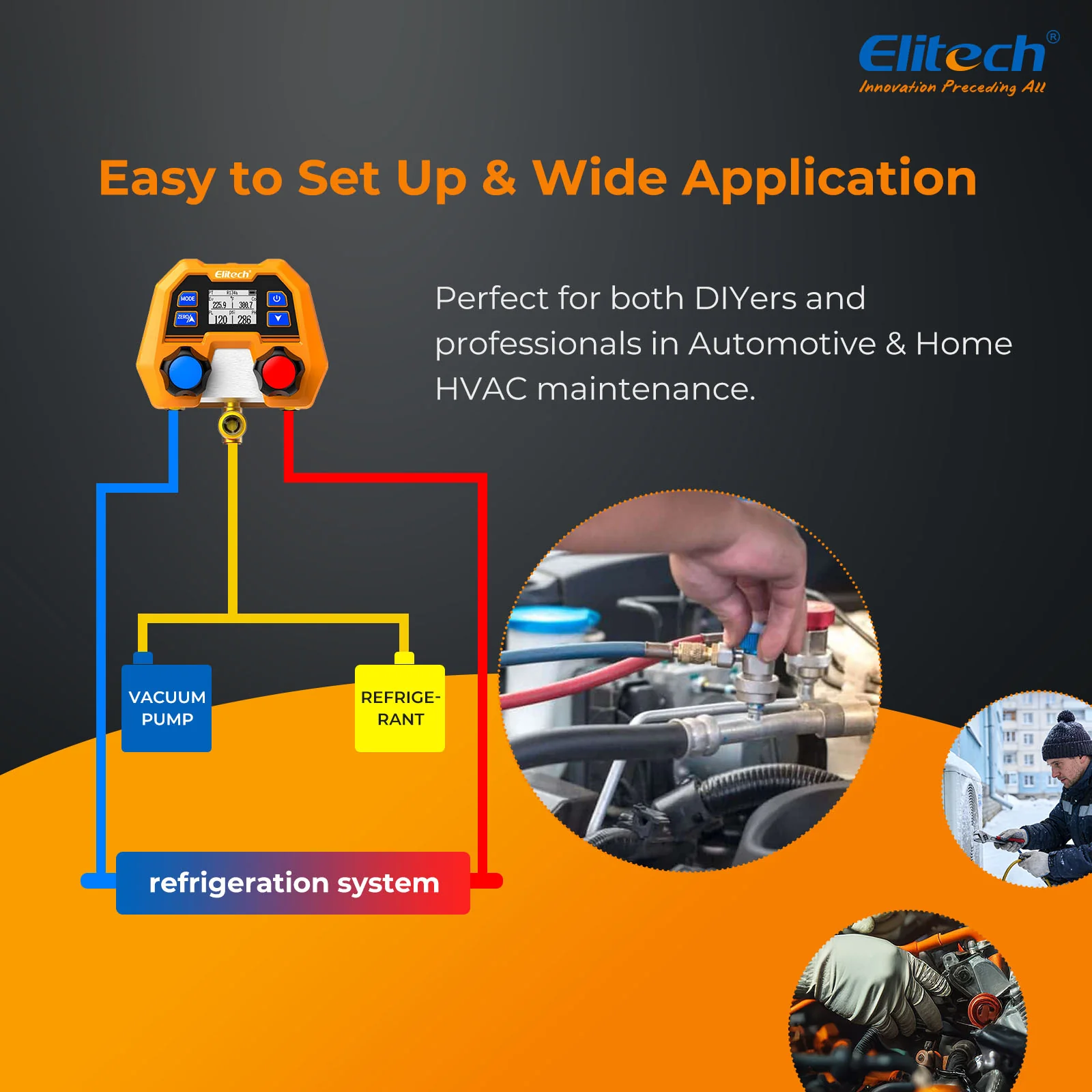 Elitech DMG-2SE Digital AC Manifold Gauge Set, Automotive HVAC Vacuum Pressure Tester for Car Air Conditioning Repair, Supports R134a R1234yf R410A, 88 Refrigerants, Impact-Resistant Gauge with 2-Way Valve - Image 4