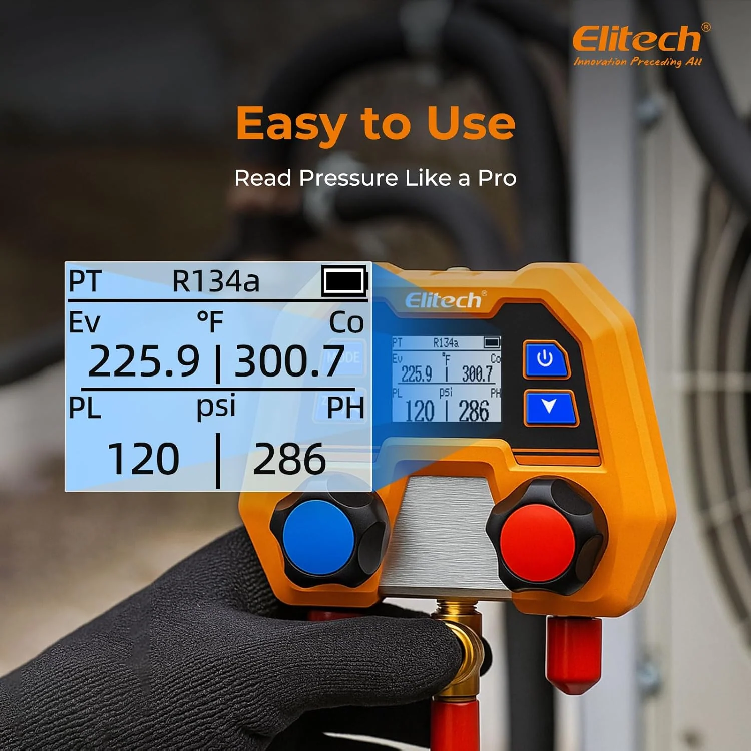 Elitech DMG-2SE Digital AC Manifold Gauge Set, Automotive HVAC Vacuum Pressure Tester for Car Air Conditioning Repair, Supports R134a R1234yf R410A, 88 Refrigerants, Impact-Resistant Gauge with 2-Way Valve - Image 5