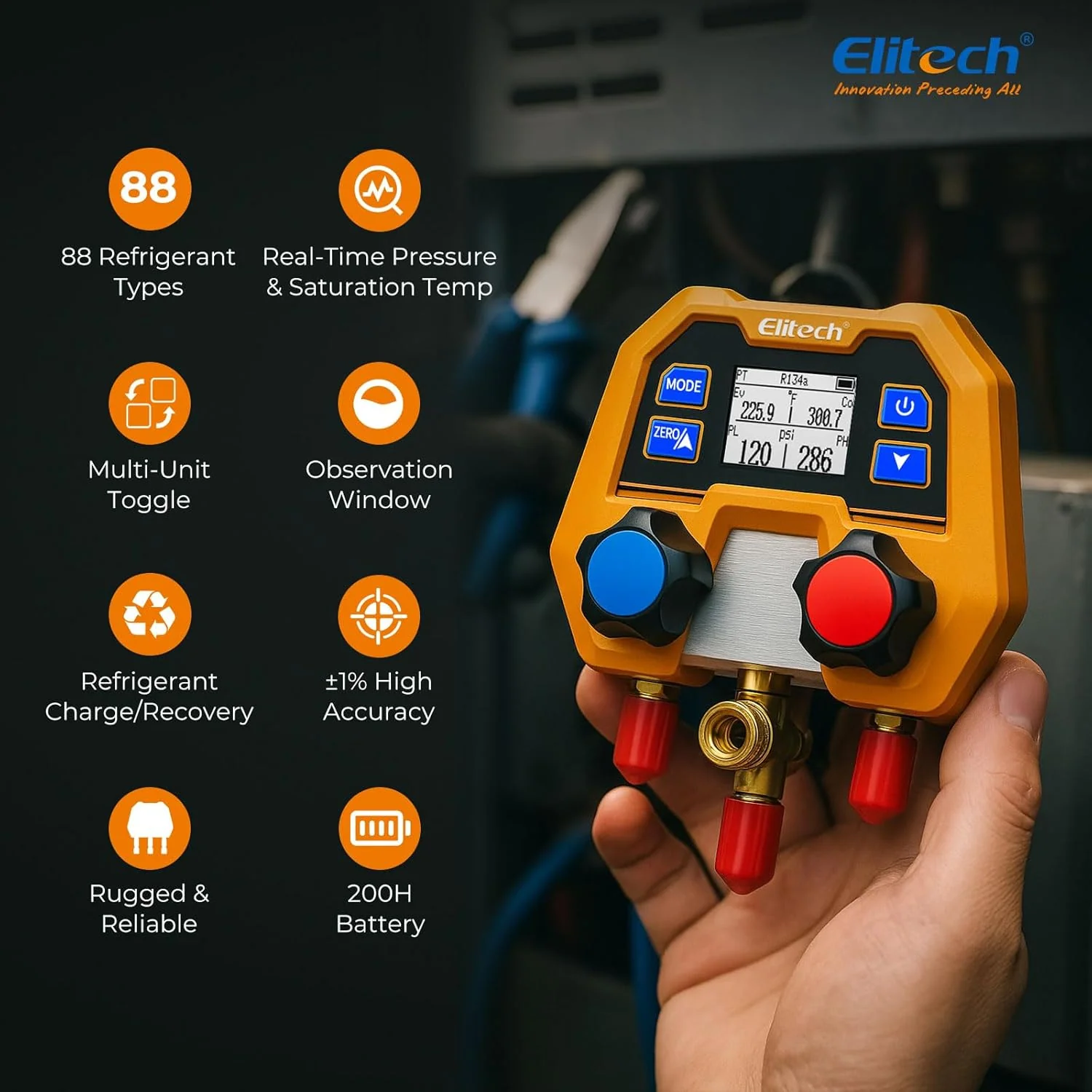 Elitech DMG-2SE Digital AC Manifold Gauge Set, Automotive HVAC Vacuum Pressure Tester for Car Air Conditioning Repair, Supports R134a R1234yf R410A, 88 Refrigerants, Impact-Resistant Gauge with 2-Way Valve - Image 6