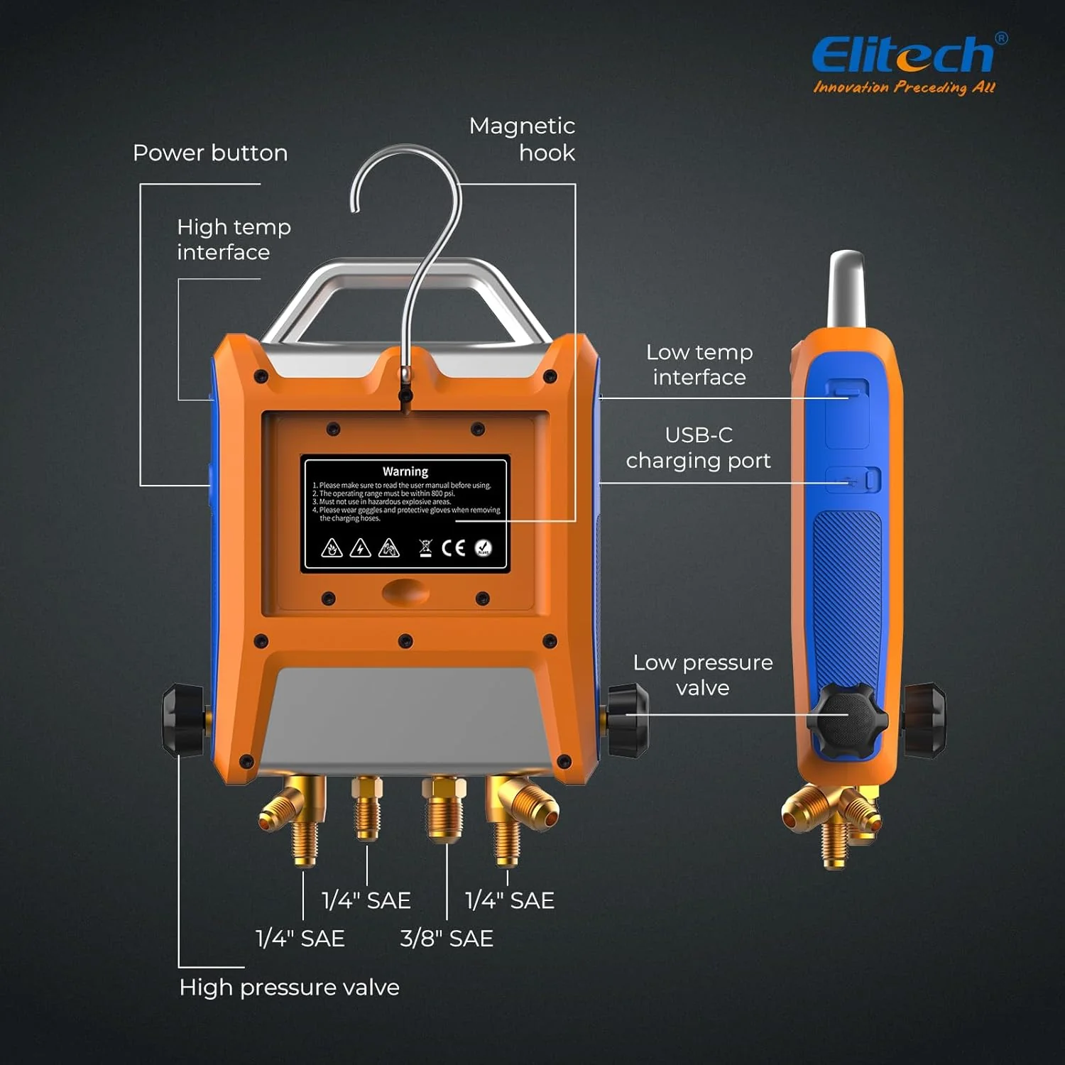 Elitech Digital 4 Valve Manifold Gauge HVAC with Refrigerant Hoses, Vacuum Gauge Micron Gauge, Thermometer Clamps, OTA Upgrade, Wireless APP Control, EMG-40VPro - Image 8