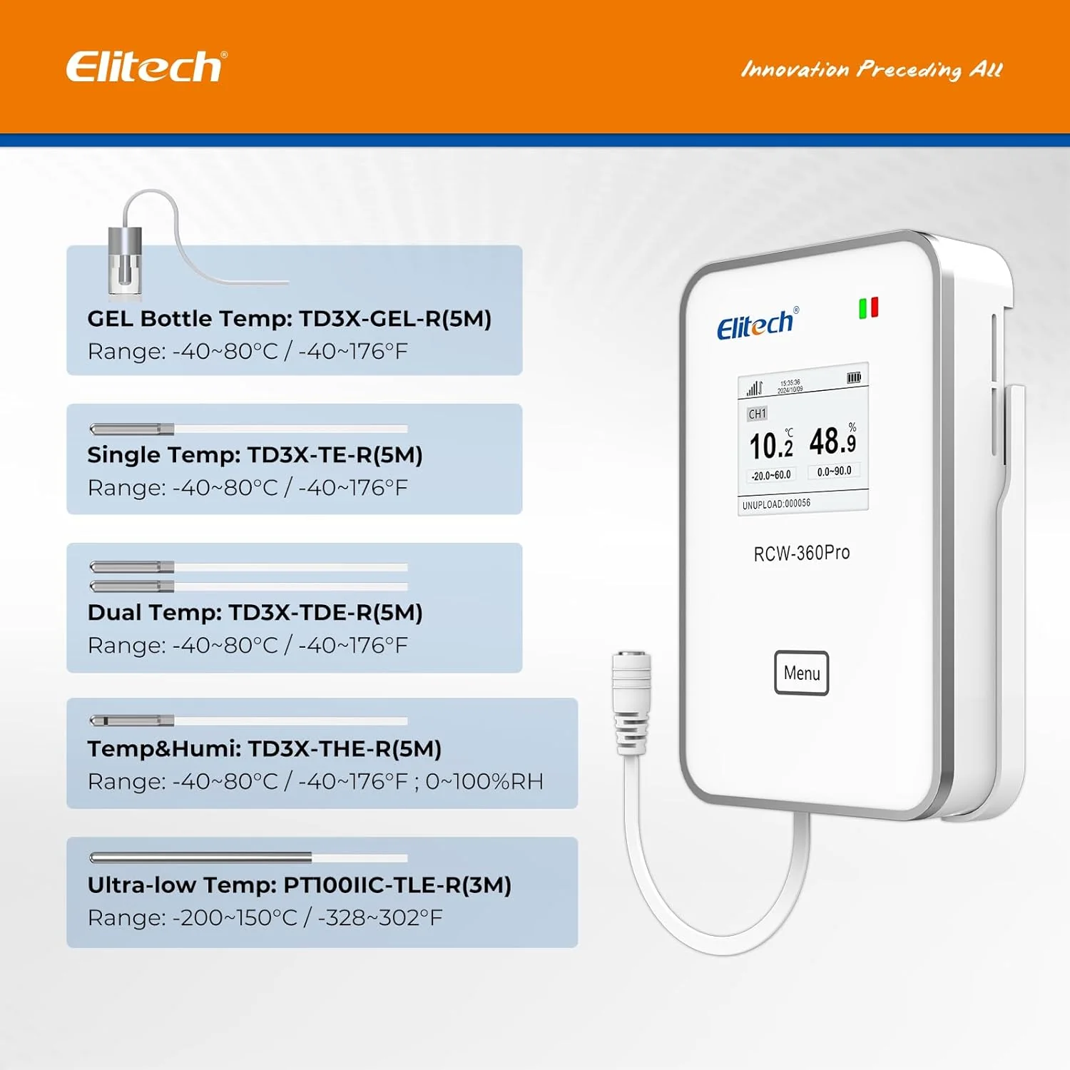 Elitech RCW-360Pro 【One Temperature Probe】Probe Length: 5m(16.4ft). Measuring Range: -40~80℃(-40~176℉), Accuracy: ±0.5℃(0.9℉), TD3X-TE-R - Image 4