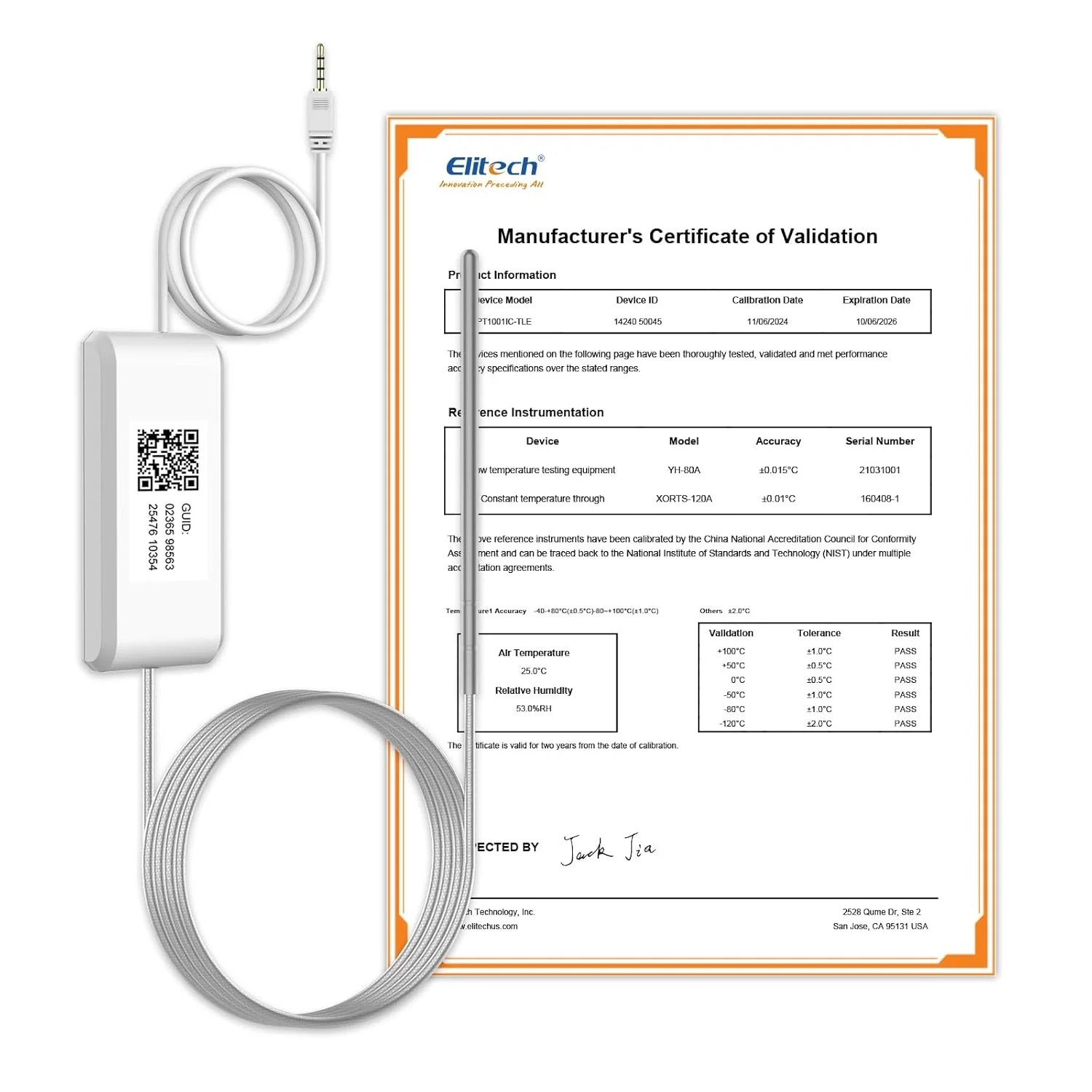 Elitech RCW-360Pro 【One Ultra-Low Temperature Probe】Probe Length: 3m(9.9ft). Measuring Range: -200~150℃(-328~302℉), Accuracy: ±0.5℃(0.9℉), PT100IIC-TLE-R