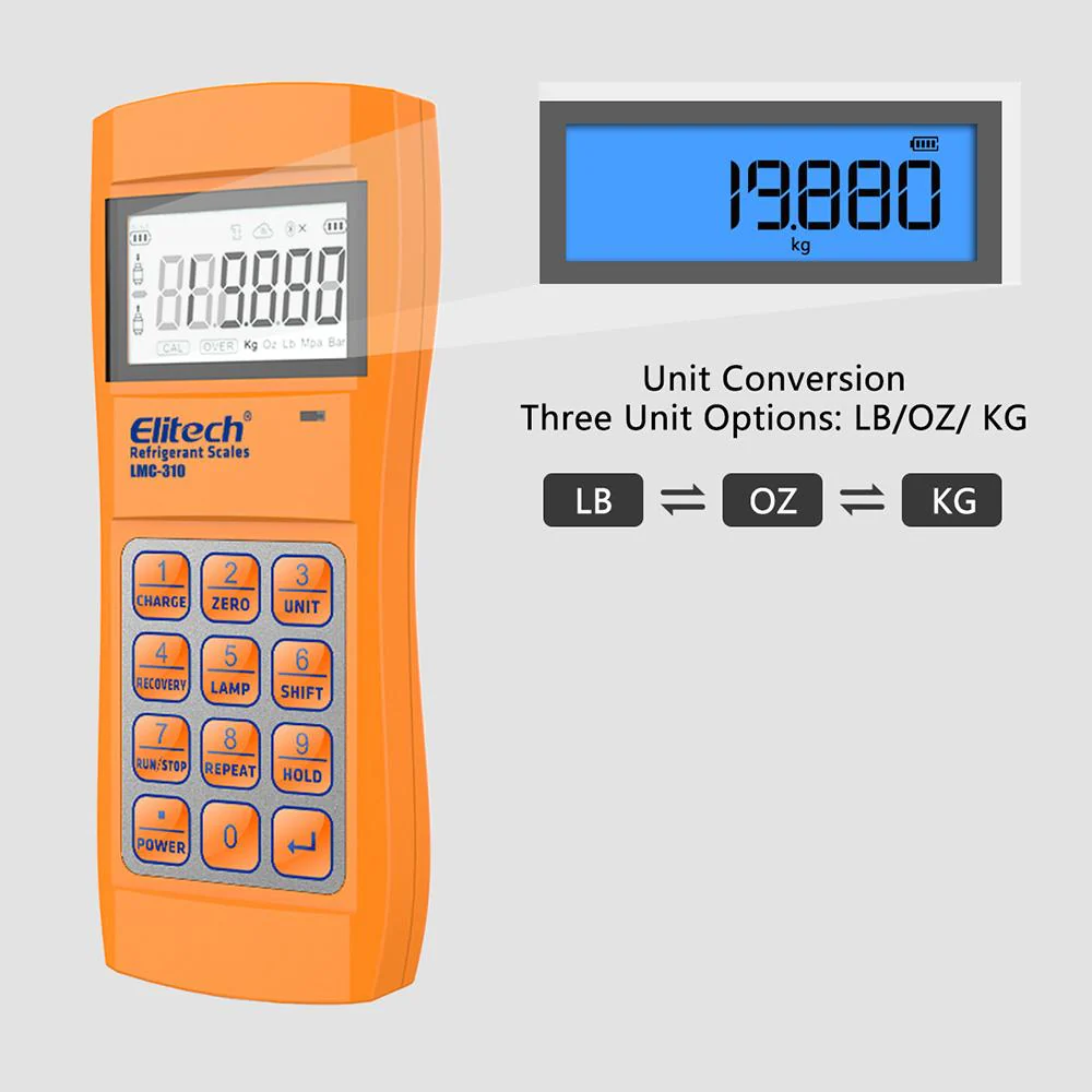 Elitech LMC-310 Wireless HVAC Refrigerant Electronic Charging Scale w/ Charging Valve at 220 lbs/100kgs - Image 5
