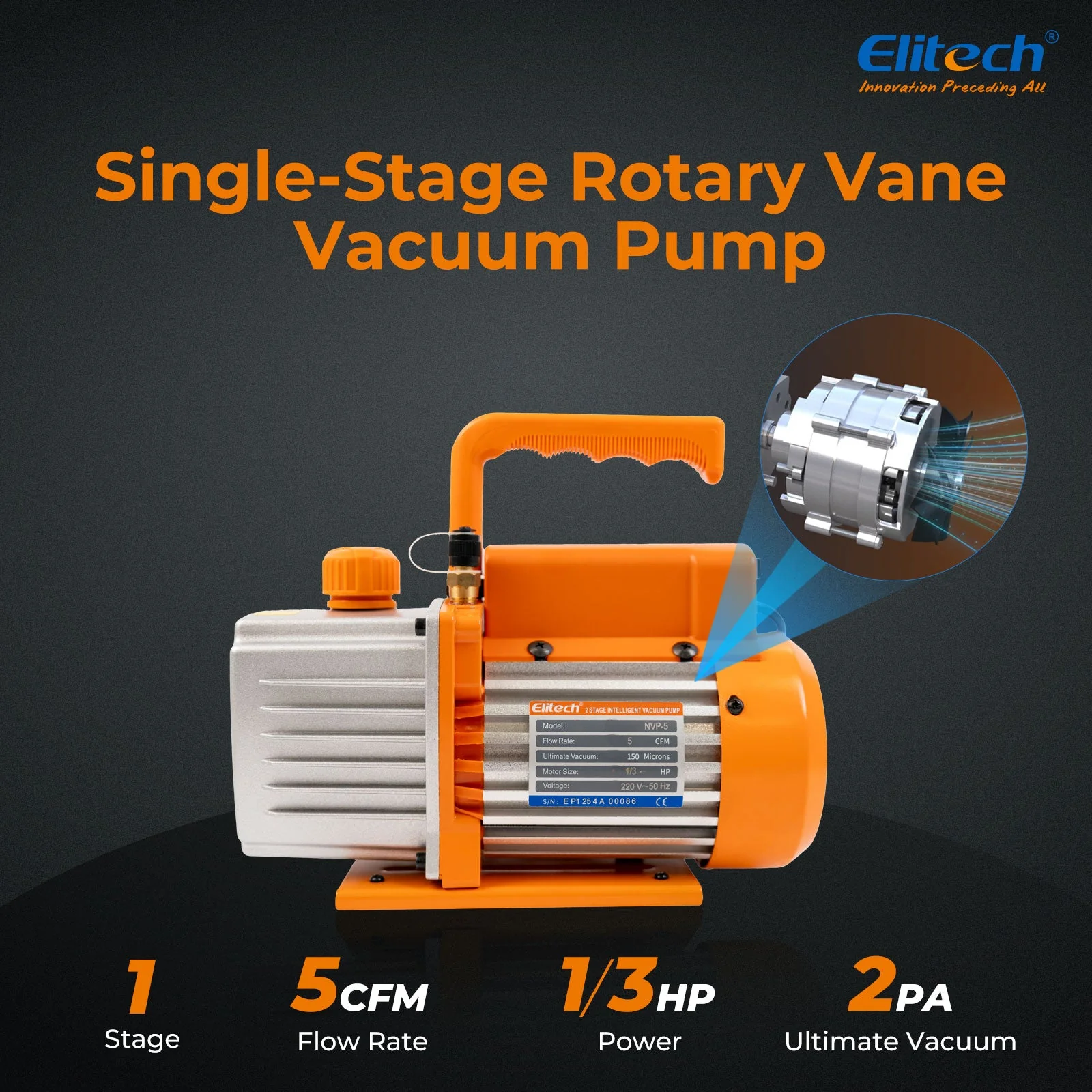 Elitech NVP-5 HVAC Vacuum Pump 5CFM 2L/S 1/3HP Single Stage Rotary Vane Air Vacuum Pump for HVAC and Refrigeration Systems, Durable and Easy to Maintain - Image 2