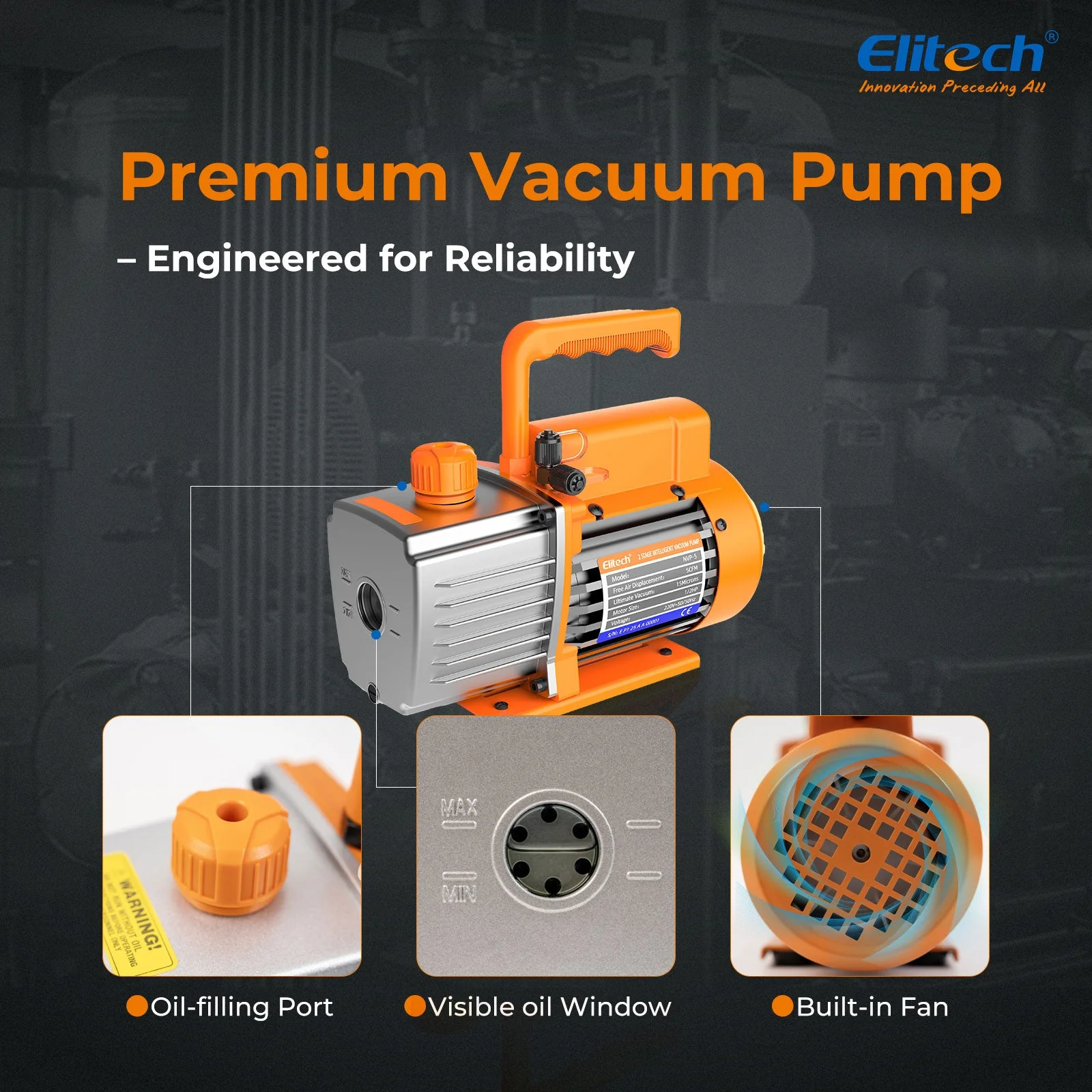 Elitech NVP-5 HVAC Vacuum Pump 5CFM 2L/S 1/3HP Single Stage Rotary Vane Air Vacuum Pump for HVAC and Refrigeration Systems, Durable and Easy to Maintain - Image 3