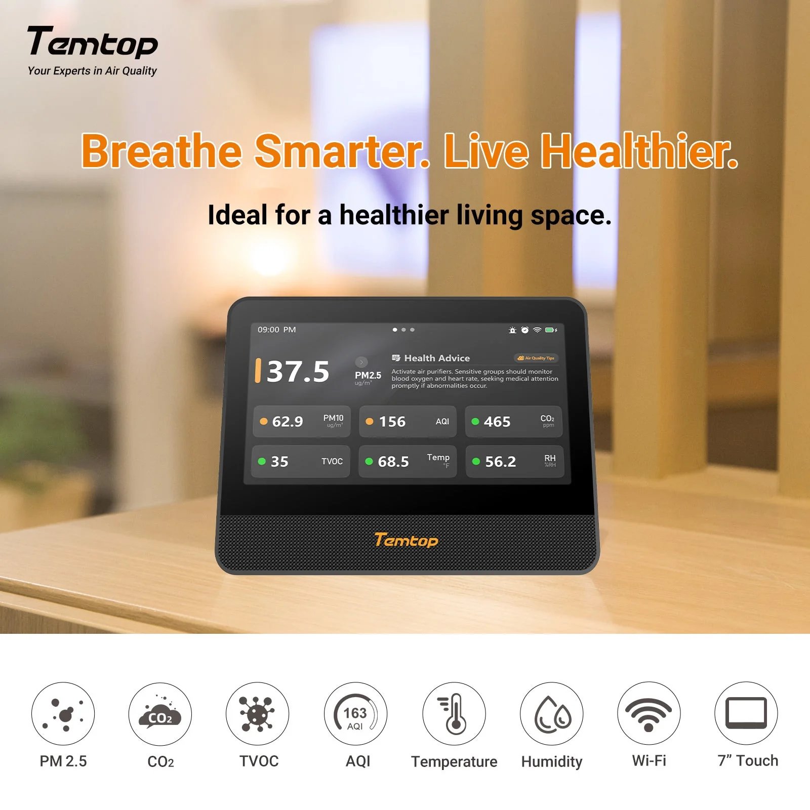Temtop M100 2nd WiFi Air Quality Monitor – 7” Touch Screen Indoor CO2, PM2.5, PM10, TVOC, Temperature & Humidity Detector, Smart Multi-Room Air Analyzer with LoRa Expansion - Image 2