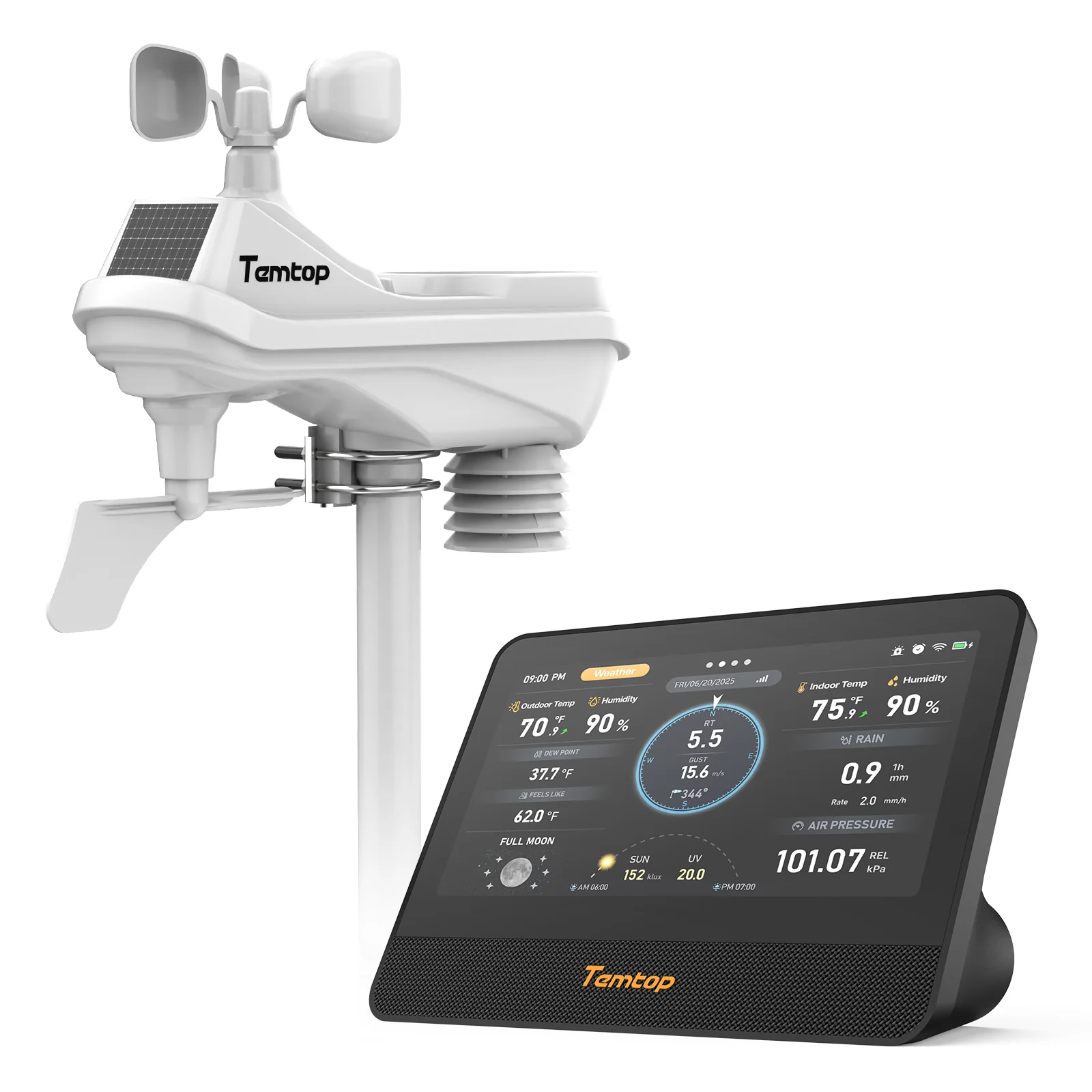 Temtop W100 WiFi Weather Station with Air Quality Monitor, 7" Touchscreen Indoor Outdoor Weather Station, PM2.5/PM10/CO2/TVOC Monitor, Rain Gauge, Wind Speed & Direction, UV, AQI Forecast - Image 2