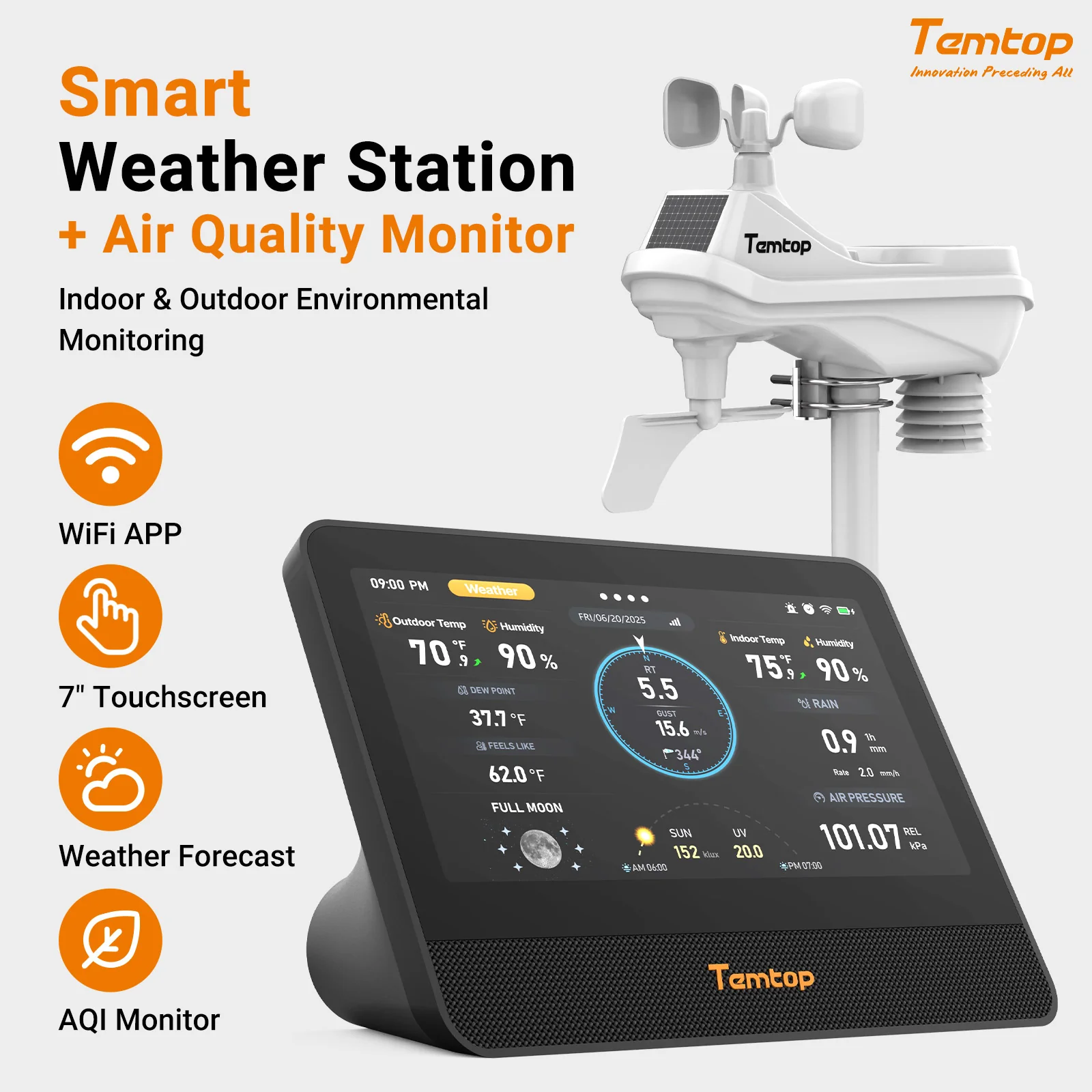 Temtop W100 WiFi Weather Station with Air Quality Monitor, 7" Touchscreen Indoor Outdoor Weather Station, PM2.5/PM10/CO2/TVOC Monitor, Rain Gauge, Wind Speed & Direction, UV, AQI Forecast - Image 4