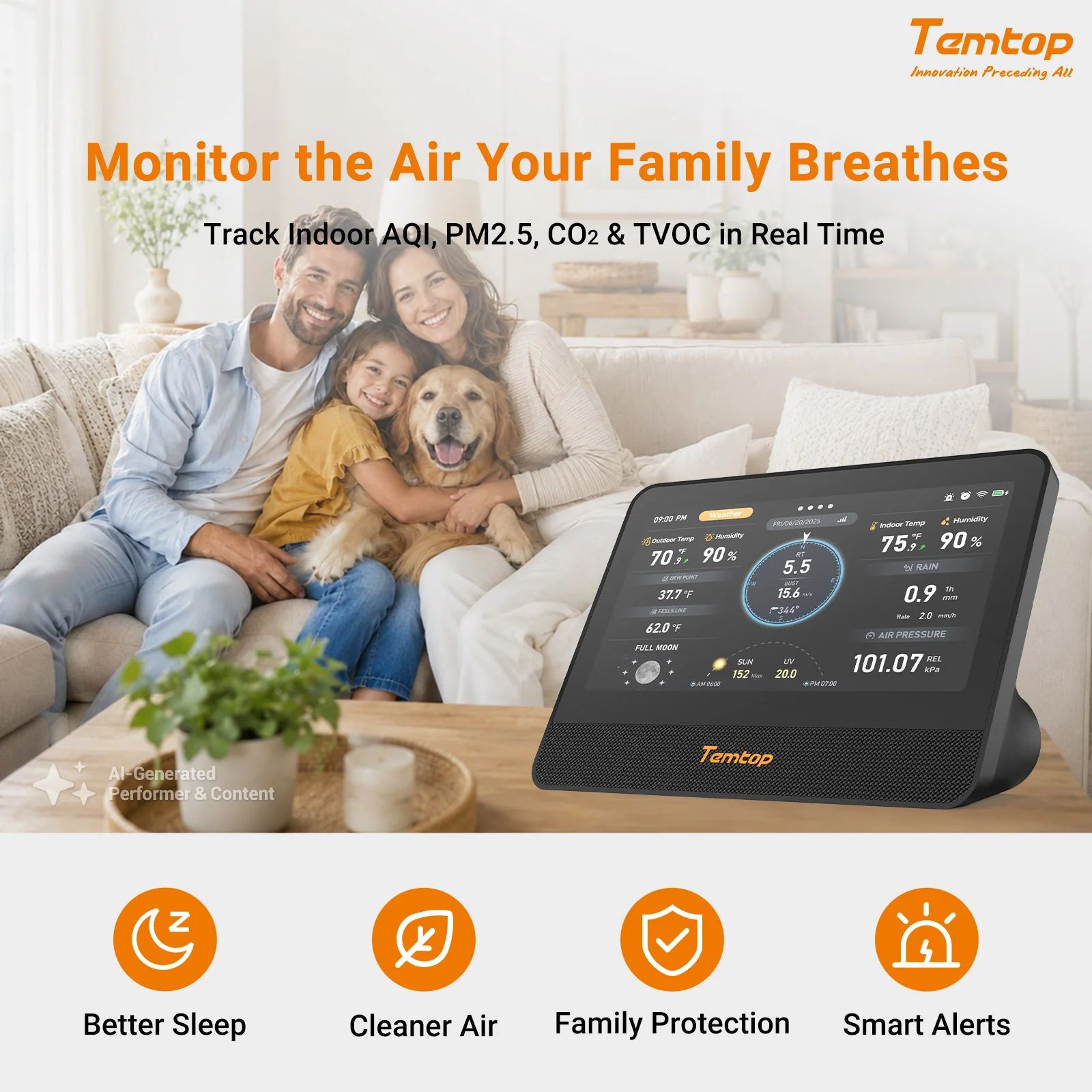 Temtop W100 WiFi Weather Station with Air Quality Monitor, 7" Touchscreen Indoor Outdoor Weather Station, PM2.5/PM10/CO2/TVOC Monitor, Rain Gauge, Wind Speed & Direction, UV, AQI Forecast - Image 5
