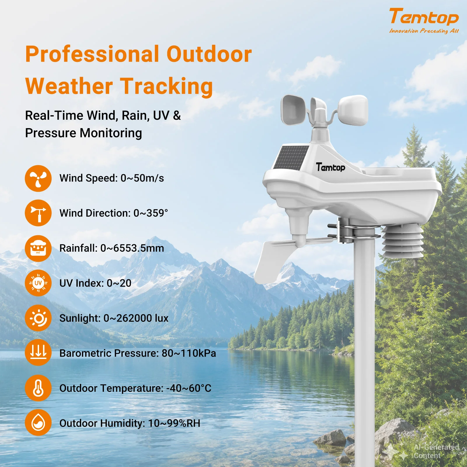 Temtop W100 WiFi Weather Station with Air Quality Monitor, 7" Touchscreen Indoor Outdoor Weather Station, PM2.5/PM10/CO2/TVOC Monitor, Rain Gauge, Wind Speed & Direction, UV, AQI Forecast - Image 6