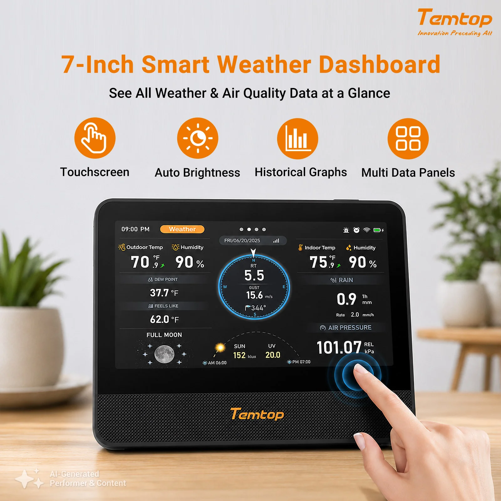 Temtop W100 WiFi Weather Station with Air Quality Monitor, 7" Touchscreen Indoor Outdoor Weather Station, PM2.5/PM10/CO2/TVOC Monitor, Rain Gauge, Wind Speed & Direction, UV, AQI Forecast - Image 7