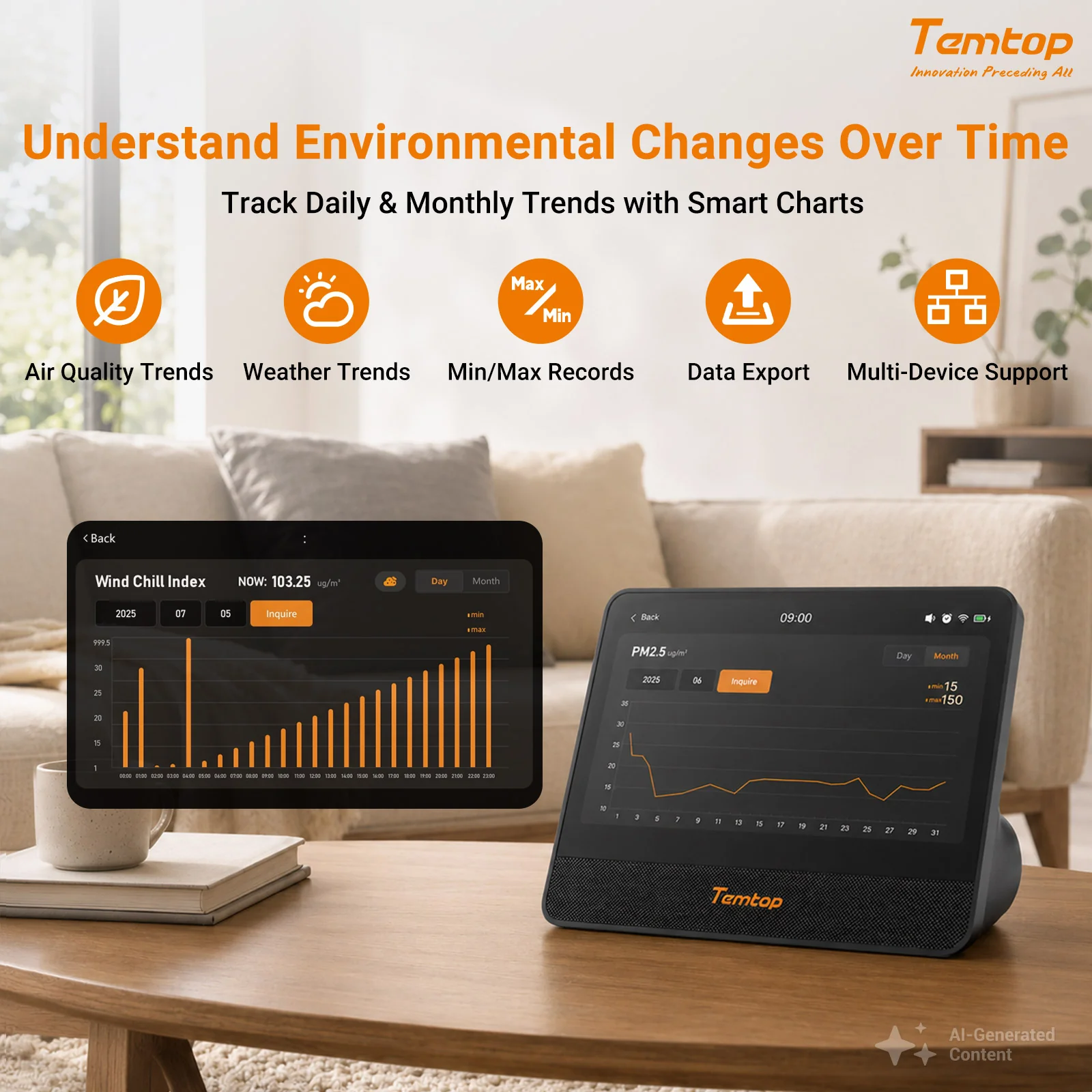 Temtop W100 WiFi Weather Station with Air Quality Monitor, 7" Touchscreen Indoor Outdoor Weather Station, PM2.5/PM10/CO2/TVOC Monitor, Rain Gauge, Wind Speed & Direction, UV, AQI Forecast - Image 8