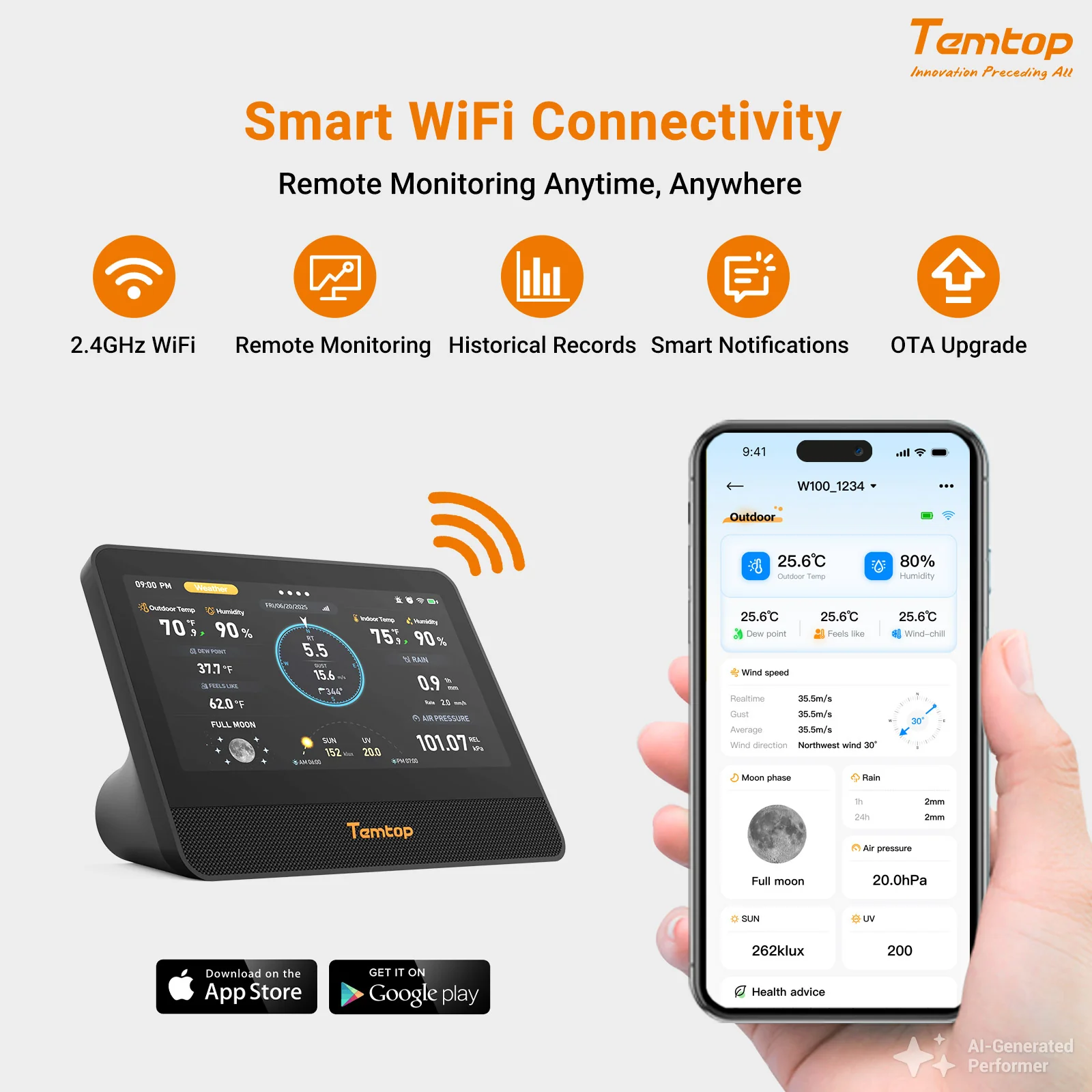 Temtop W100 WiFi Weather Station with Air Quality Monitor, 7" Touchscreen Indoor Outdoor Weather Station, PM2.5/PM10/CO2/TVOC Monitor, Rain Gauge, Wind Speed & Direction, UV, AQI Forecast - Image 9